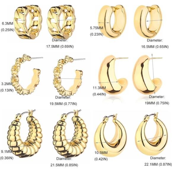 Gold Chunky Hoop Earrings Set for Women, 14K Gold Plated Twisted Huggie Earring - Picture 6 of 7